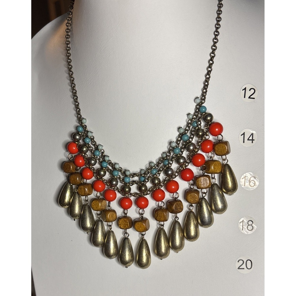 Boho Statement Bib Necklace Red Turquoise Wood Beads Metal Teardrop Fringe